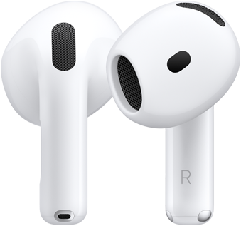 ด้านหลังของ AirPods ข้างซ้าย, ด้านหน้าของ AirPods ข้างขวา, ก้านหูฟัง AirPods มีตัวอักษร R แสดงให้เห็นว่าใช้ใส่กับหูข้างขวา