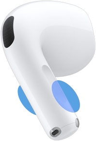 ภายนอกหูฟัง AirPods 5, วงกลมสีฟ้าที่ไฮไลท์ตำแหน่งสำหรับแตะที่ก้านหูฟังเพื่อควบคุมระดับเสียง
