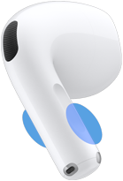 ภายนอกหูฟัง AirPods 5, วงกลมสีฟ้าที่ไฮไลท์ตำแหน่งสำหรับแตะที่ก้านหูฟังเพื่อควบคุมระดับเสียง
