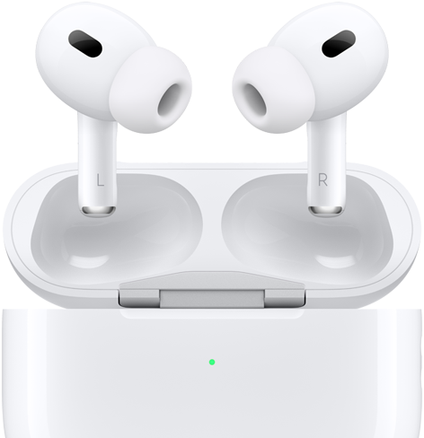 มุมมองด้านหน้าของ AirPods Pro แสดงอยู่ด้านนอกเคส