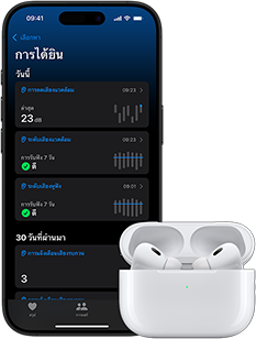 AirPods Pro ในเคสชาร์จที่วางอยู่ข้าง iPhone ที่แสดงหน้าจอสุขภาพการได้ยิน