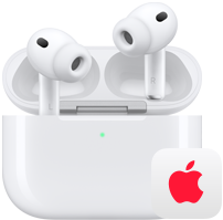 AirPods Pro 3, หูฟังไร้สายข้างซ้ายและข้างขวาอยู่ในเคสชาร์จ MagSafe, โลโก้ Apple