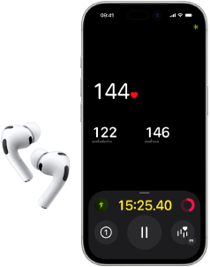 AirPods Pro 3, ครึ่งล่างของหน้าจอ iPhone 17 Pro, แอปฟิตเนสกำลังแสดงอัตราการเต้นของหัวใจ