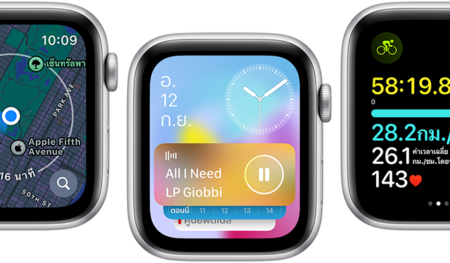 มุมมองด้านหน้าของ Apple Watch SE รุ่นต่างๆ ที่แสดงหน้าจอของแอปที่อัปเดตหลายแอป