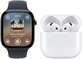 Apple Watch Series 12, ตัวเรือนอะลูมิเนียม, สีดำ, สายแบบ Sport Band สีดำ, แอป Apple Music เปิดอยู่, จับคู่กับ AirPods 4