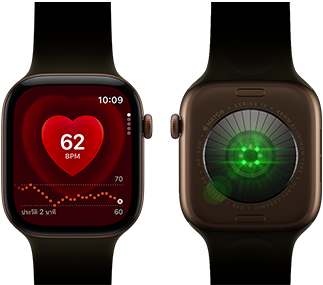 Apple Watch Series 12 สองเรือน, ตัวเรือนอะลูมิเนียม, สีบรอนซ์เข้ม พร้อมสายแบบ Sport Band สีเขียวมะกอก, เรือนหนึ่งแสดงแอปอัตราการเต้นของหัวใจ, อีกเรือนแสดงระบบติดตามสุขภาพที่ด้านหลังของนาฬิกา, พร้อมแสง LED สีเขียวที่ส่องสว่าง