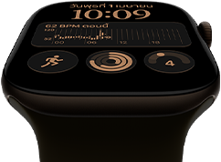 Apple Watch Series 12, ตัวเรือนอะลูมิเนียม, สีบรอนซ์เข้ม, หน้าปัดนาฬิกาโมดูลาร์, กลไกหน้าปัด ได้แก่ วันและวันที่, การออกกำลังกาย, วงแหวนกิจกรรม, Apple Music, ภายนอกด้านขวา, Digital Crown, สายแบบ Sport Band, สีเขียวมะกอก