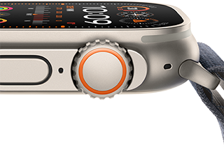 Apple Watch Ultra 2 แสดงตัวเรือนไทเทเนียมที่สมบุกสมบัน, จอภาพที่แบนเรียบ, Digital Crown และปุ่มด้านข้าง