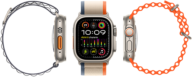 Apple Watch Ultra 2 แสดงการจับคู่กันได้กับสายที่แตกต่างกัน 3 ประเภท, จอภาพขนาดใหญ่, ตัวเรือนไทเทเนียมที่สมบุกสมบัน, ปุ่มแอ็คชั่นสีส้ม และ Digital Crown