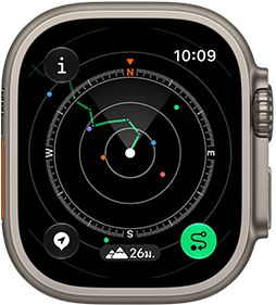 Apple Watch Ultra 4, ตัวเรือนไทเทเนียม, สีธรรมชาติ, การติดตามการเดินแสดงเส้นทางพร้อมทิศทางของเข็มทิศ, ภายนอกด้านขวา, Digital Crown, ปุ่มด้านข้างที่ยกสูงขึ้น