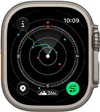 Apple Watch Ultra 4, ตัวเรือนไทเทเนียม, สีธรรมชาติ, การติดตามการเดินแสดงเส้นทางพร้อมทิศทางของเข็มทิศ, ภายนอกด้านขวา, Digital Crown, ปุ่มด้านข้างที่ยกสูงขึ้น