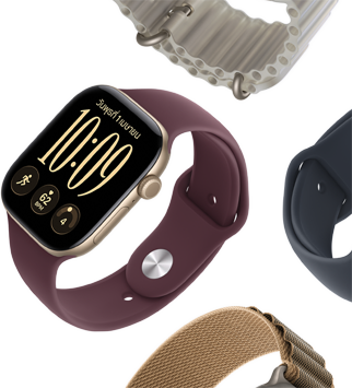 สายสำหรับ Apple Watch Series 11: สายแบบ Sport Band สีม่วงควันหมอก, สายแบบ Ocean Band สีน้ำเงินแองเคอร์บลู, สายแบบ Alpine Loop สีฟ้าอ่อน