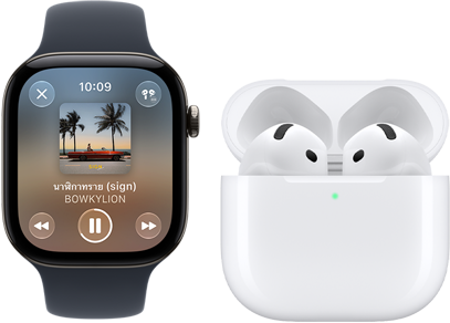 Apple Watch Series 12, ตัวเรือนอะลูมิเนียม, สีดำ, สายแบบ Sport Band สีดำ, แอป Apple Music เปิดอยู่, จับคู่กับ AirPods 4