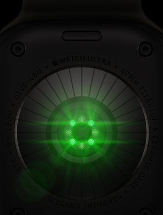 ด้านหลังของ Apple Watch Ultra 4, ตัวเรือนไทเทเนียม, สีดำ, เซ็นเซอร์ทรงกลมหลายตัวพร้อมแสง LED สีเขียว