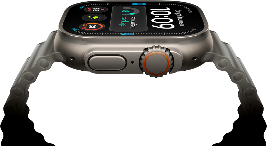 Apple Watch Ultra 4, ตัวเรือนไทเทเนียม, สีธรรมชาติ, หน้าปัดนาฬิกาดิจิทัล, กลไกหน้าปัด: ความพร้อม, อัตราการเต้นของหัวใจ, การออกกำลังกาย, อุณหภูมิ, ภายนอกด้านขวา, Digital Crown, ปุ่มด้านข้างที่ยกสูงขึ้น, สายแบบ Ocean Band, สีเทาโปร่งแสง