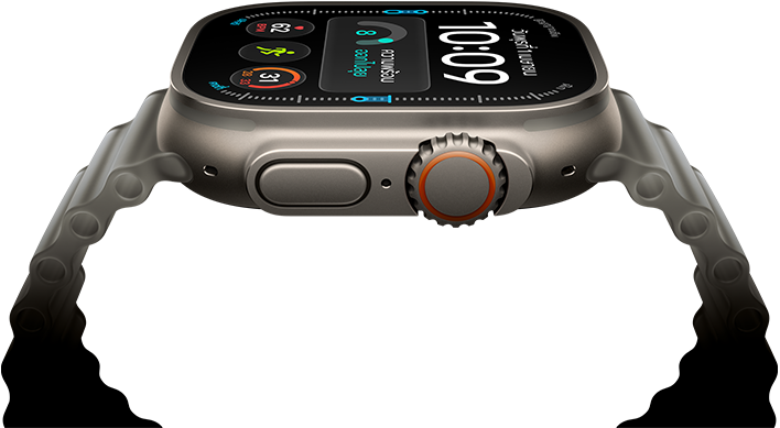 Apple Watch Ultra 4, ตัวเรือนไทเทเนียม, สีธรรมชาติ, หน้าปัดนาฬิกาดิจิทัล, กลไกหน้าปัด: ความพร้อม, อัตราการเต้นของหัวใจ, การออกกำลังกาย, อุณหภูมิ, ภายนอกด้านขวา, Digital Crown, ปุ่มด้านข้างที่ยกสูงขึ้น, สายแบบ Ocean Band, สีเทาโปร่งแสง