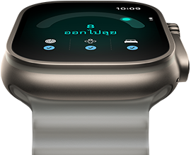 Apple Watch Ultra 4, ตัวเรือนไทเทเนียม, สีธรรมชาติ, คะแนนความพร้อม 8, ภายนอกด้านขวา, Digital Crown, ปุ่มด้านข้างที่ยกสูงขึ้น, สายแบบ Ocean Band, สีเทาโปร่งแสง