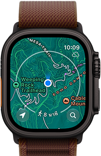 Apple Watch Ultra 4, ตัวเรือนไทเทเนียม, สีดำ, การเชื่อมต่อกับดาวเทียม, ภายนอกด้านขวา, Digital Crown, ปุ่มด้านข้างที่ยกสูงขึ้น, สายแบบ Alpine Loop, สีเบอร์กันดี