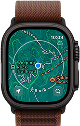 Apple Watch Ultra 4, ตัวเรือนไทเทเนียม, สีดำ, การเชื่อมต่อกับดาวเทียม, ภายนอกด้านขวา, Digital Crown, ปุ่มด้านข้างที่ยกสูงขึ้น, สายแบบ Alpine Loop, สีเบอร์กันดี