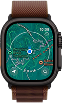 Apple Watch Ultra 4, ตัวเรือนไทเทเนียม, สีดำ, การเชื่อมต่อกับดาวเทียม, ภายนอกด้านขวา, Digital Crown, ปุ่มด้านข้างที่ยกสูงขึ้น, สายแบบ Alpine Loop, สีเบอร์กันดี