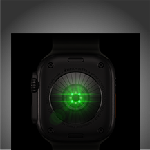 ด้านหลังของ Apple Watch Ultra 4, ตัวเรือนไทเทเนียม, สีดำ, เซ็นเซอร์ทรงกลมหลายตัวพร้อมแสง LED สีเขียว