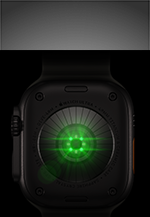 ด้านหลังของ Apple Watch Ultra 4, ตัวเรือนไทเทเนียม, สีดำ, เซ็นเซอร์ทรงกลมหลายตัวพร้อมแสง LED สีเขียว