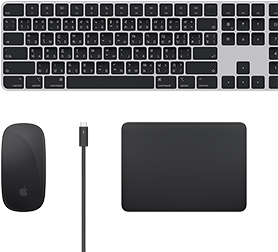 มุมมองด้านบนของอุปกรณ์เสริม Mac ได้แก่ Magic Keyboard, Magic Mouse, Magic Trackpad และสาย Thunderbolt