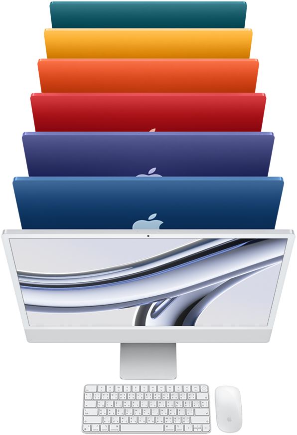 มุมมองด้านบนของ iMac สีเขียว สีเหลือง สีส้ม สีชมพู สีม่วง สีฟ้า และมุมมองด้านหน้าของ iMac สีเงิน พร้อม Magic Keyboard และ Magic Mouse