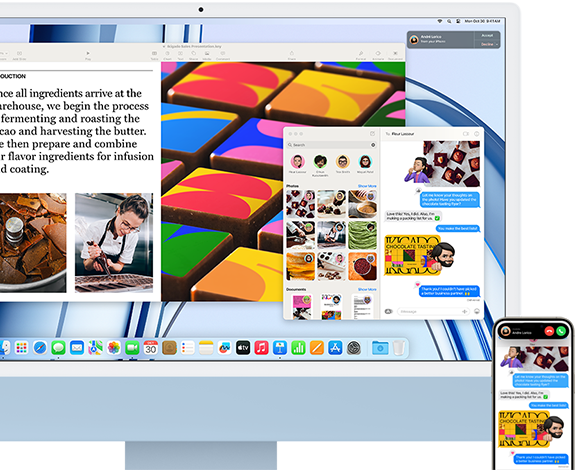 iMac ที่อยู่ถัดจาก iPhone กำลังแสดงคุณสมบัติความต่อเนื่องโดยการแชร์ข้อความสนทนาและรูปภาพระหว่าง iPhone และ iMac