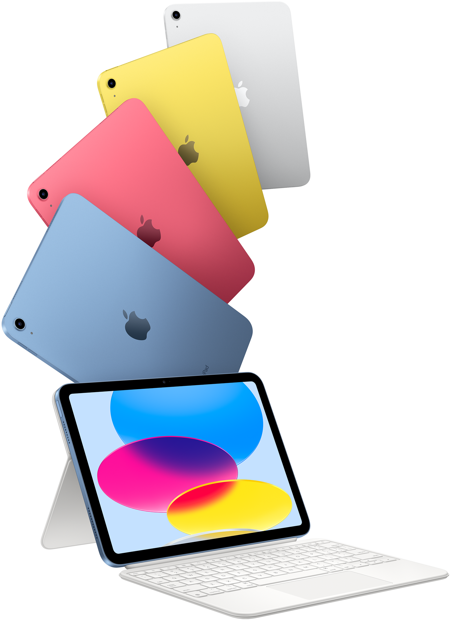 iPad สีฟ้า สีชมพู สีเหลือง และสีเงิน และ iPad หนึ่งเครื่องที่ติดเข้ากับ Magic Keyboard Folio