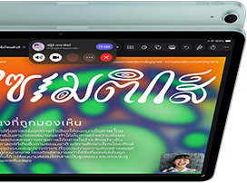 iPad Air, สีฟ้า, ภายนอกด้านบน, หน้าจอแสดงแอป Keynote อยู่ในคุณสมบัติการแชร์หน้าจอระหว่างวิดีโอคอล FaceTime, ภายนอกด้านหลัง, กล้องหลังไวด์ 12MP, ปุ่มเพิ่มระดับเสียง, ปุ่มลดระดับเสียง