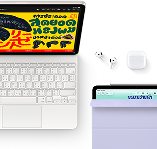 iPad Air, สีสตาร์ไลท์, กราฟิกสีสันสวยงามบนหน้าจอ, ติดเข้ากับ Magic Keyboard, อุปกรณ์เสริม AirPods Pro และ Apple Pencil Pro