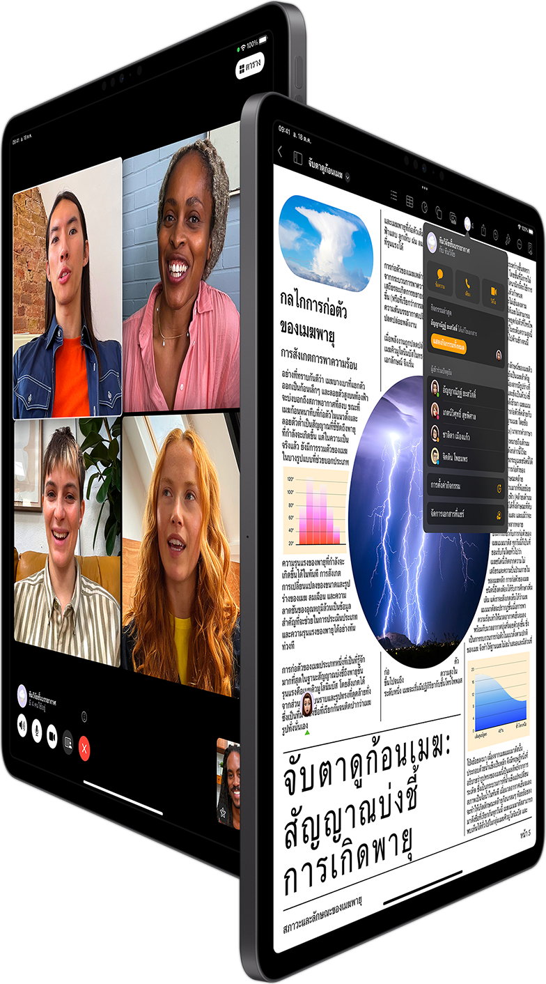 FaceTime แบบกลุ่มและการทำงานร่วมกันใน Pages แสดงอยู่บน iPad Pro สองเครื่อง
