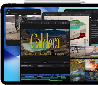 ตัวเครื่องภายนอกด้านหน้าของ iPad Pro, วางในแนวนอน, สีดำสเปซแบล็ค, Apple Pencil วางอยู่ด้านบนอุปกรณ์, จอภาพแสดงหน้าต่างของหลายแอปหลายที่เรียงต่อกัน รวมถึง Final Cut Pro ที่มีคุณสมบัติในการตัดต่อวิดีโอและหลายไทม์ไลน์เปิดอยู่, แผนที่, โน้ต และคลิปสื่อหลายคลิป