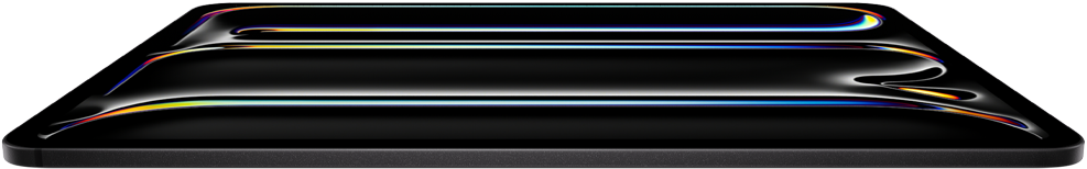 ตัวเครื่องภายนอกด้านหน้าของ iPad Pro สีดำสเปซแบล็ค แสดงตัวเครื่องอะลูมิเนียมและกระจกที่มีดีไซน์บางเฉียบ และเอียงไปด้านหลังโดยที่จอภาพแสดงงานศิลปะแนวลายเส้นหลากสีสัน