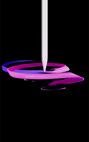 ตัวเครื่องภายนอกด้านหน้าของ Apple Pencil Pro ในแนวตั้ง มุมมองด้านข้าง สีขาว กำลังวาดลายริบบิ้นสีม่วงและสีชมพูแบบนามธรรม