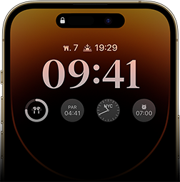 มุมมองด้านหน้าของ iPhone 14 Pro ที่แสดงจอภาพแบบติดตลอดที่มีเวลา วันที่ วิดเจ็ต 4 ตัว และอื่นๆ