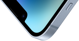 มุมบนซ้ายของ iPhone 14 ที่มีด้านหน้าแบบ Ceramic Shield