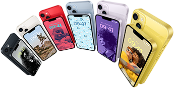 ภาพแสดงด้านหน้าและด้านหลังของ iPhone 14 ใน 6 สี ได้แก่ สีมิดไนท์, สีสตาร์ไลท์, รุ่น PRODUCT(RED), สีฟ้า, สีม่วง และสีเหลือง