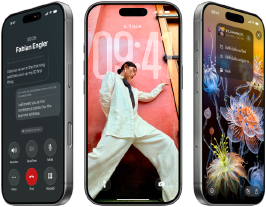 iPhone 17 Pro ทั้ง 3 รุ่น, ภายนอกด้านหน้า, วางเรียงกัน, แสดง iOS 26, เอฟเฟ็กต์ Liquid Glass และคุณสมบัติของ Apple Intelligence