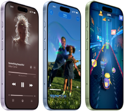iPhone 17 devices, exterior front, exterior side, demonstrating Apple Music, Visual intelligence, gaming, buttons: Action button, volume