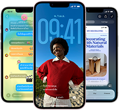 อุปกรณ์ iPhone 17e จำนวน 3 เครื่อง, แสดงแอปข้อความพร้อมดีไซน์ Liquid Glass, หน้าจอล็อคแบบไดนามิก และ Apple Intelligence ขณะกำลังใช้งาน
