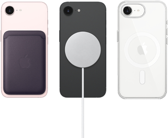 iPhone 17e สีชมพูอ่อนพร้อมเคสผ้า FineWoven แบบกระเป๋าสตางค์สีม่วงมิดไนท์, iPhone 17e สีดำพร้อมเคสซิลิโคนสีดำและที่ชาร์จ MagSafe, iPhone 17e สีขาวพร้อมเคสใสกับ MagSafe
