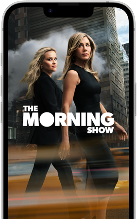 หน้าจอด้านหน้าของ iPhone 17e แสดงซีรีส์ Apple TV+ เรื่อง The Morning Show