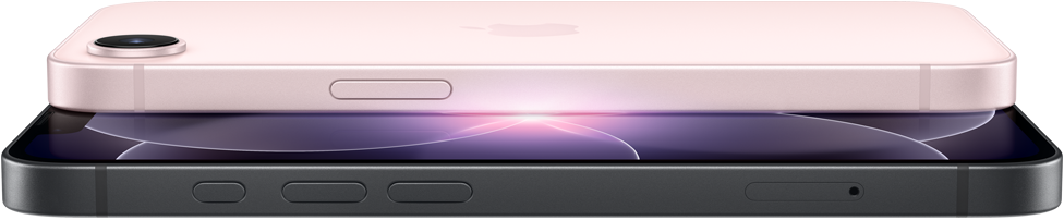 iPhone 17e, ภายนอกด้านข้างและด้านหลังในแนวนอน, สีชมพูอ่อน, iPhone 17e, ภายนอกด้านข้างและด้านหน้าในแนวนอน, สีดำ