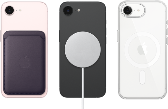 iPhone 17e, ภายนอกด้านหลัง, สีชมพูอ่อน, มีเคสผ้า FineWoven แบบกระเป๋าสตางค์พร้อม MagSafe ติดอยู่, iPhone 17e, ภายนอกด้านหลัง, สีดำ, มีที่ชาร์จ MagSafe ติดอยู่, iPhone 17e, ภายนอกด้านหลัง, สีขาว, มีเคสใสพร้อม MagSafe ติดอยู่