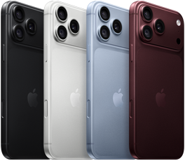 อุปกรณ์ iPhone 18 Pro ที่เรียงเป็นแถว, ภายนอกด้านหลัง, ทั้งสี่สี ได้แก่ สีเบอร์กันดี, สีธารน้ำแข็ง, สีเงิน, สีดำ, ระบบกล้อง Pro Fusion ที่มุมบนซ้าย, เลนส์ 3 ตัว, ไมโครโฟน, แฟลช