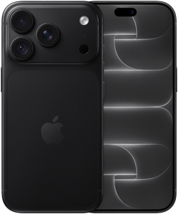 iPhone 18 Pro, ภายนอกด้านหลัง, สีดำ, ระบบกล้อง Pro Fusion ที่ด้านบน, โลโก้ Apple อยู่ตรงกลาง, ภายนอกด้านหน้า, ดีไซน์แบบหน้าจอทั้งหมด