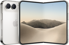 iPhone Duo, ภายนอกด้านหลังพับปิดอยู่, สีสตาร์ไวท์, ระบบกล้อง Dual Fusion ที่ด้านบนซ้าย, โลโก้ Apple อยู่ตรงกลาง จอภาพด้านในกางเปิดอยู่, ดีไซน์แบบหน้าจอทั้งหมด, มุมมน