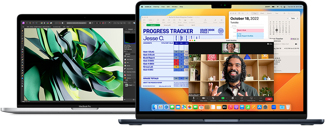 แสดงภาพ MacBook Pro รุ่น 13 นิ้ว สีเงิน และ MacBook Air พร้อมชิป M2 สีมิดไนท์ ซึ่งกำลังใช้แอป Zoom, ปฏิทิน, Numbers และ Affinity Photo 2